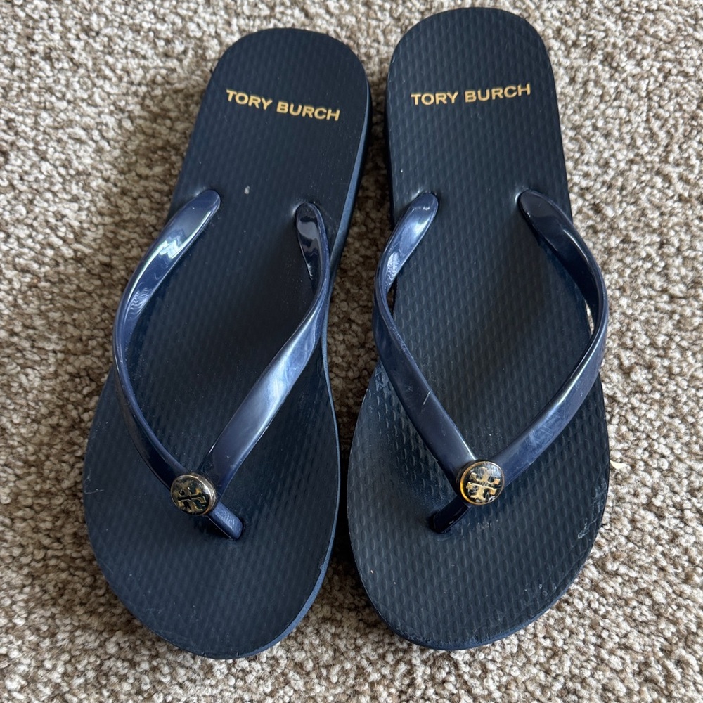 Tory Burch Navy Flip Sandals with Gold Logo